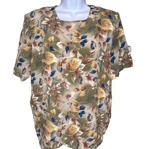 Vintage Kathy Lee Women Green Floral Leaf Short Sleeve Blouse Sz L Silky 90s